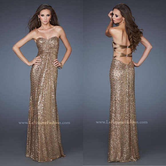 La Femme 18414 Gold Sequin Strapless Column Gown Size 2 NWT